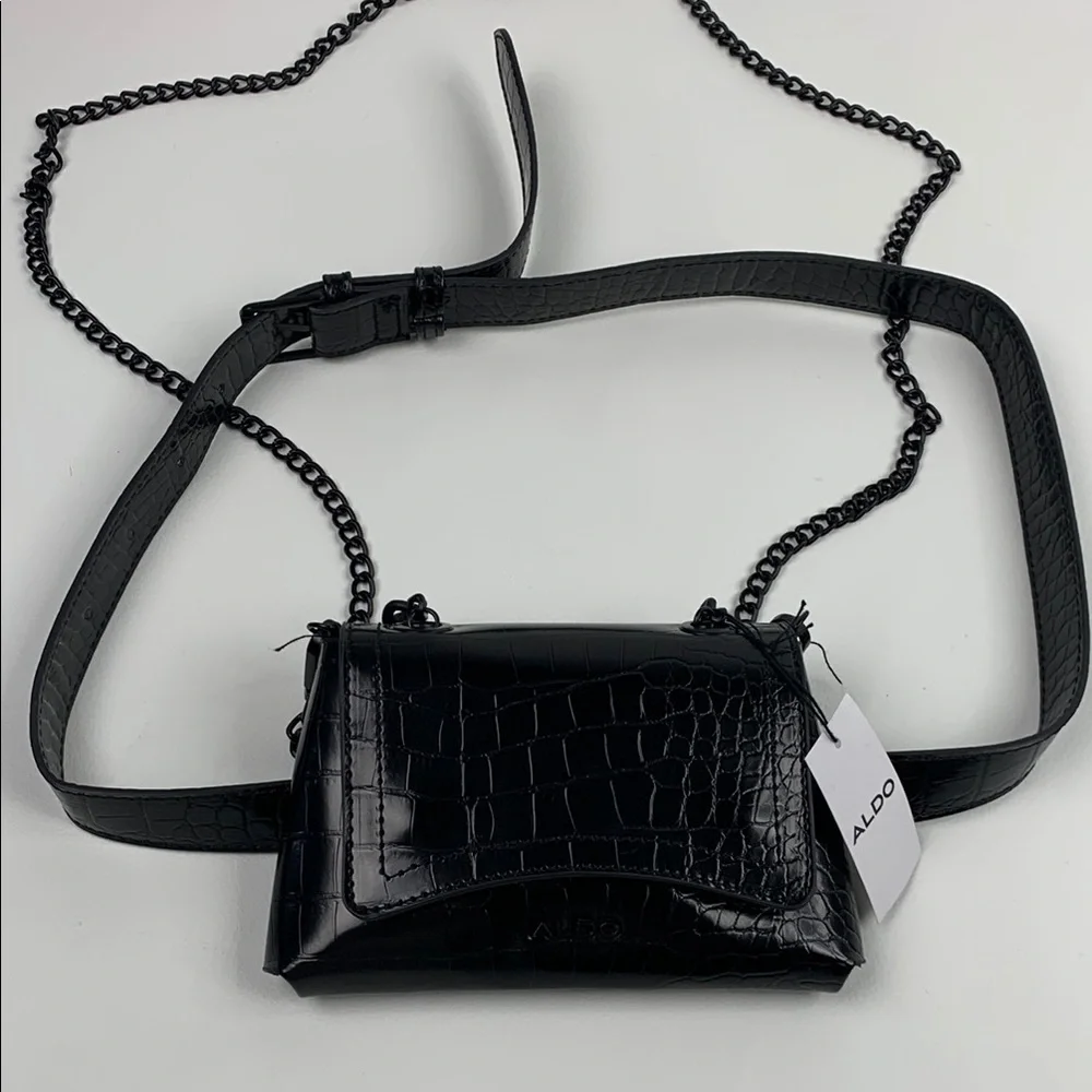 ALDO Black Croc-Embossed Crossbody Belt Waist Bag Chain strap Adjustable NWT NEW